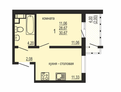 1-к. квартира, 30,7&nbsp;м²