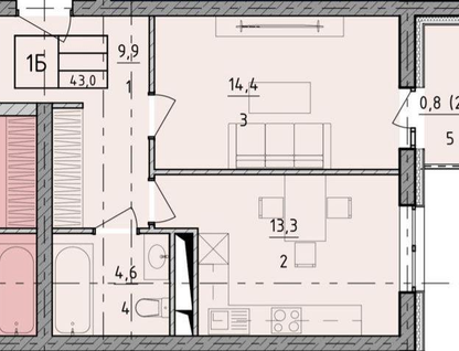 1-к. квартира, 43&nbsp;м²