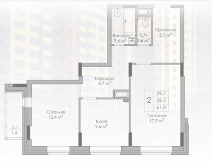 2-к. квартира, 61&nbsp;м²
