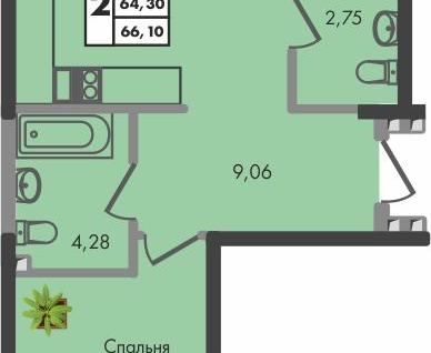 2-к. квартира, 66&nbsp;м²