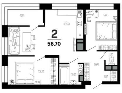 2-к. квартира, 56,7&nbsp;м²