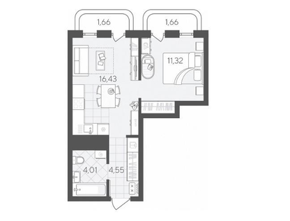 1-к. квартира, 39,6 м²