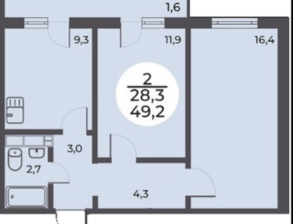 2-к. квартира, 49,2 м²