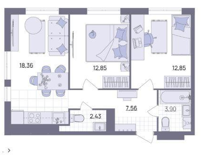 3-к. квартира, 58&nbsp;м²