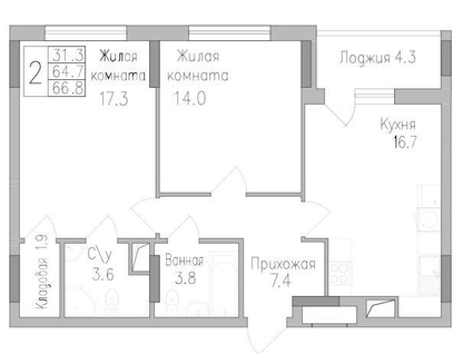 2-к. квартира, 66,7&nbsp;м²