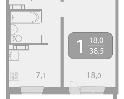 1-к. квартира, 38,5&nbsp;м²
