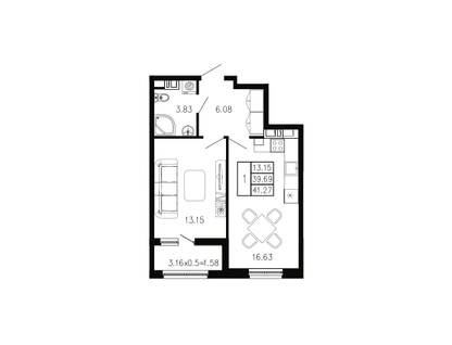 1-к. квартира, 41&nbsp;м²