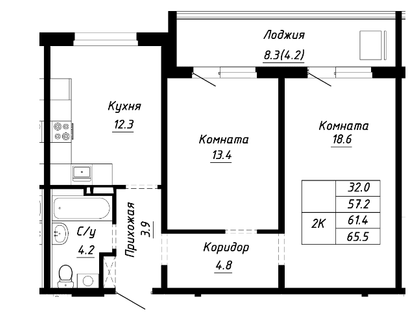 2-к. квартира, 61,4 м²