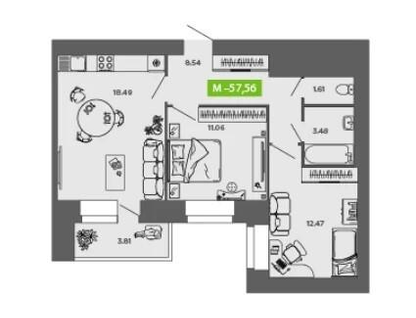 2-к. квартира, 57,6&nbsp;м²