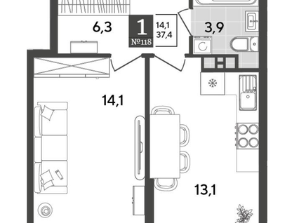 1-к. квартира, 37,4&nbsp;м²