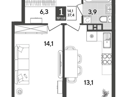 1-к. квартира, 37,4&nbsp;м²
