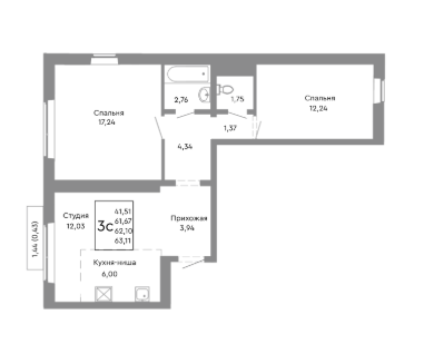 3-к. квартира, 58&nbsp;м²