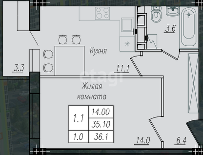 1-к. квартира, 36,1&nbsp;м²