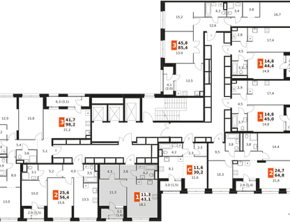 1-к. квартира, 43 м²