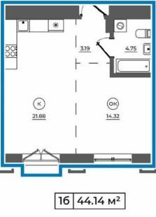 1-к. квартира, 44,1&nbsp;м²
