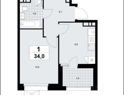 1-к. квартира, 34&nbsp;м²