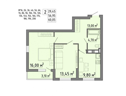 2-к. квартира, 60&nbsp;м²