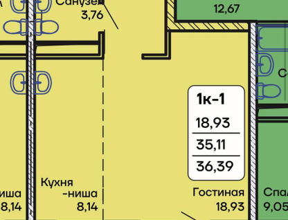 1-к. квартира, 36,4&nbsp;м²