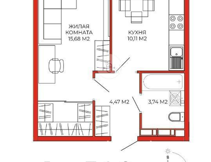 1-к. квартира, 34&nbsp;м²