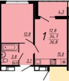 1-к. квартира, 36,9&nbsp;м²