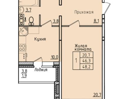 1-к. квартира, 46,3 м²