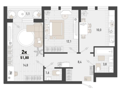 2-к. квартира, 51,8&nbsp;м²