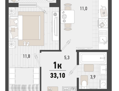 1-к. квартира, 33,1&nbsp;м²