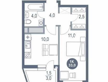 1-к. квартира, 33&nbsp;м²