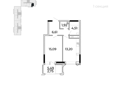 1-к. квартира, 46&nbsp;м²