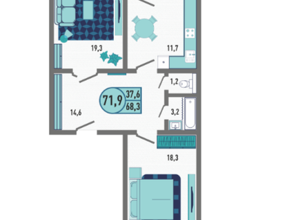 2-к. квартира, 71,9&nbsp;м²