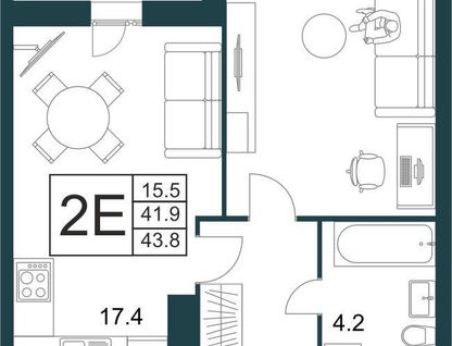 2-к. квартира, 43,8&nbsp;м²