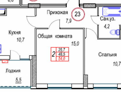 2-к. квартира, 54&nbsp;м²