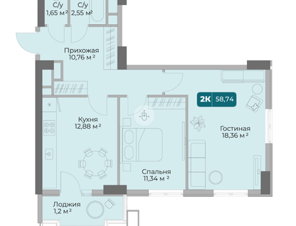 2-к. квартира, 58,7&nbsp;м²