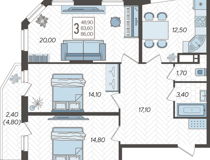 3-к. квартира, 86&nbsp;м²