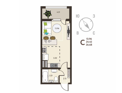 Студия, 26,7&nbsp;м²