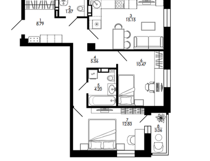 2-к. квартира, 60,6&nbsp;м²