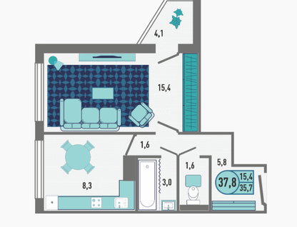 1-к. квартира, 37,8&nbsp;м²