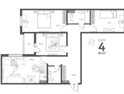 3-к. квартира, 88,3 м²