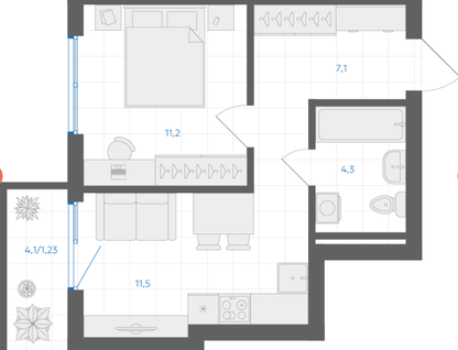 1-к. квартира, 35,3 м²