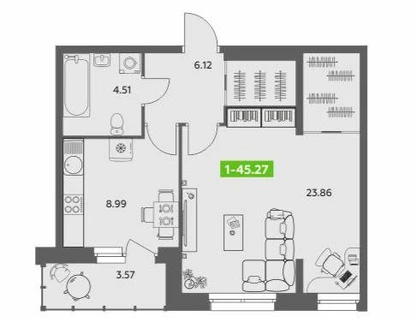 1-к. квартира, 43,5&nbsp;м²