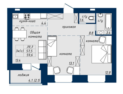 3-к. квартира, 59,6&nbsp;м²