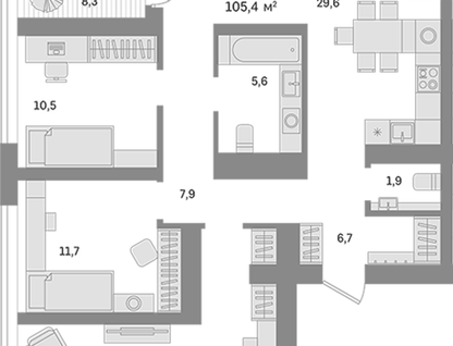 3-к. квартира, 105,4 м²