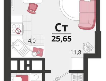 Студия, 25,6&nbsp;м²