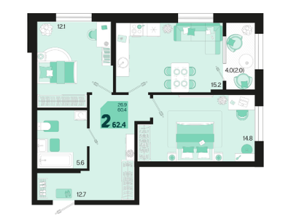 2-к. квартира, 62,4&nbsp;м²