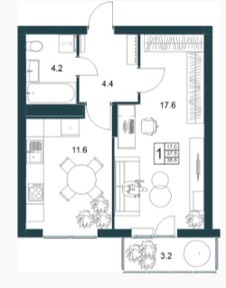 1-к. квартира, 38,9&nbsp;м²