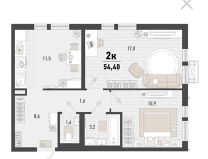2-к. квартира, 54,4 м²