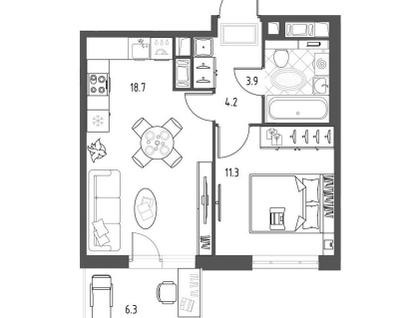 1-к. квартира, 40&nbsp;м²