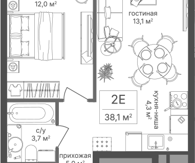 1-к. квартира, 38,1&nbsp;м²
