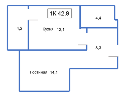 1-к. квартира, 42,9&nbsp;м²