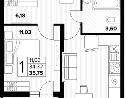 1-к. квартира, 36,3&nbsp;м²